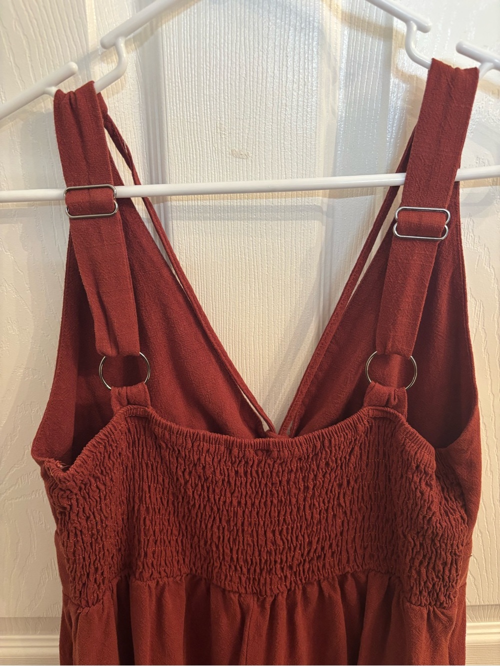 ANRABESS Rust Red Linen Blend Wide Leg Jumpsuit Deep V Smocked Back L - Picture 4 of 13
